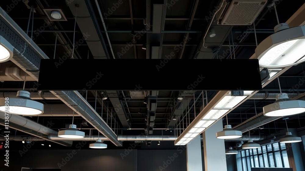 Fototapeta premium Contemporary coworking interior with banner hanging from ceiling, office, spacious