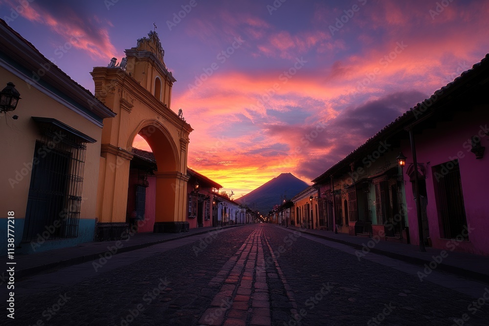 Vibrant Cityscape of Antigua's Main Street at Sunrise Featuring the Iconic Yellow Arch and Scenic Agua Volcano, Guatemala, Central America Vibrant Cityscape of Antigua's Main Street at Sunrise Featuring the Iconic Yellow Arch and Scenic Agua Volcano, Guatemala, Central America