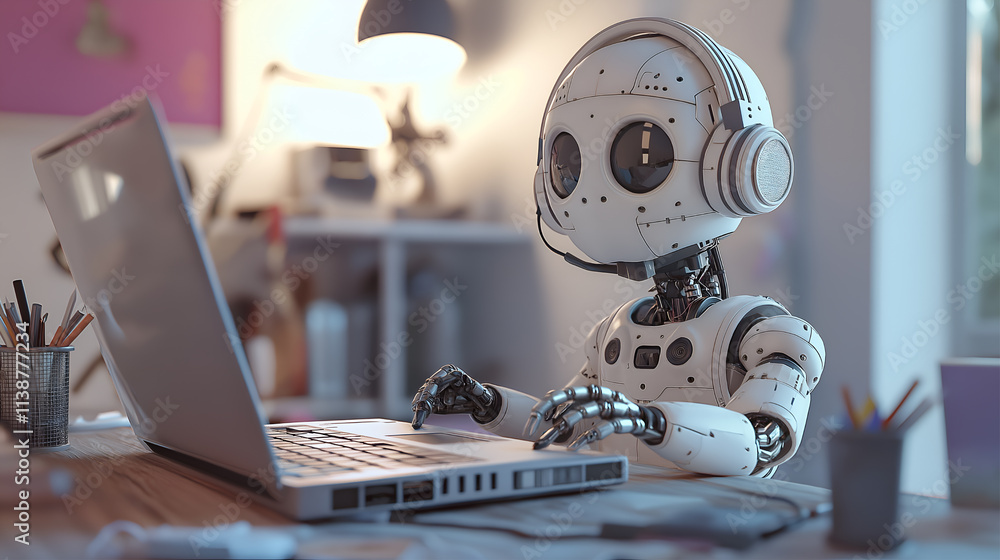Fototapeta premium 3d humanoid robot working with headset on laptop