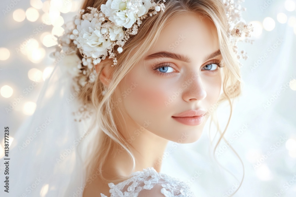 Bridal hairstyle being styled in a cozy suite with soft natural light and a delicate floral headpiece Bridal hairstyle being styled in a cozy suite with soft natural light and a delicate floral headpiece