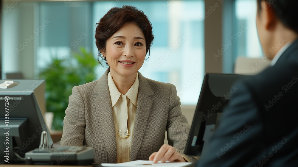 優しい笑顔で説明をする受付女性 優しい笑顔で説明をする受付女性
