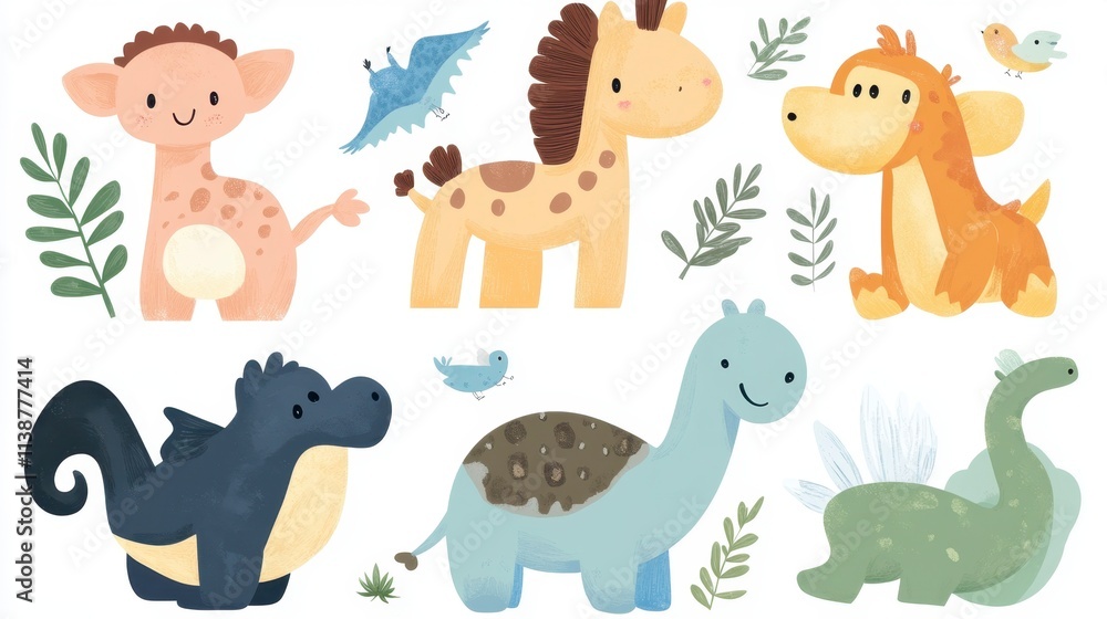 Fototapeta premium Adorable Cartoon Baby Dinosaurs & Giraffes - Nursery Clipart Set