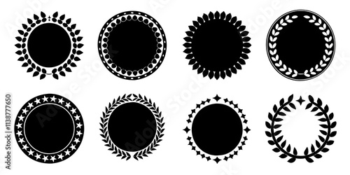 Set black silhouette circular laurel foliate, wheat and oak wreaths depicting an award, achievement, heraldry, nobility on white background. Emblem floral greek branch flat style - stock vector. photo