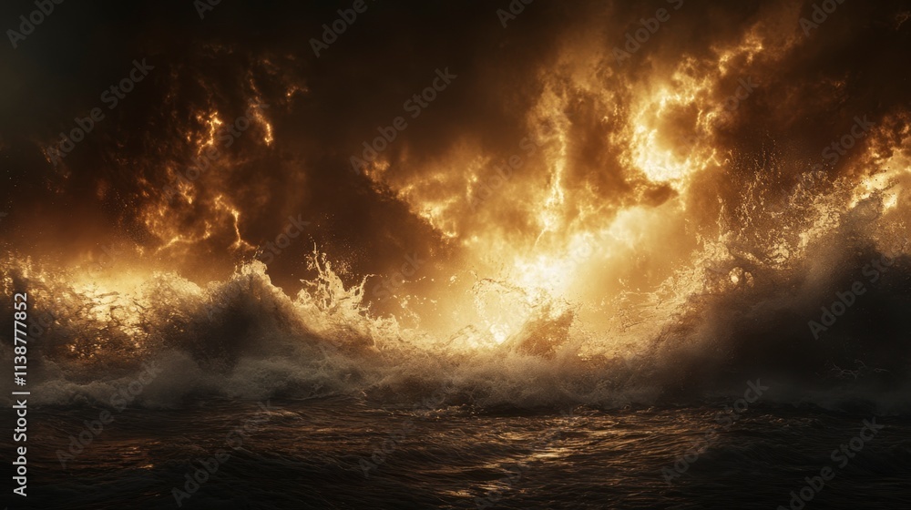 Dramatic Ocean Waves Crashing Under Fiery Sunset Sky