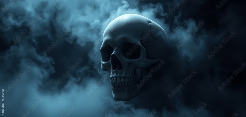 Skull Fog In Dark Halloween Background - Real Mist On Black Floor Skull Fog In Dark Halloween Background - Real Mist On Black Floor
