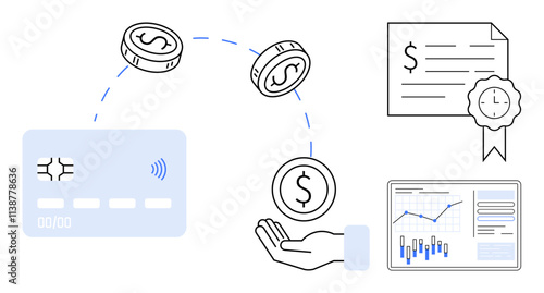 Credit card, dollar coins, hand catching a coin, financial certificate, and data chart. Ideal for financial services, banking, investment, personal finance, fintech, online payments, and data