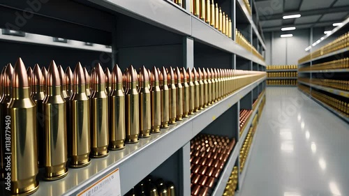 Rows of Ammunition Rounds on Shelves in a Secure Storage Facility with Metal Shelving Units

 photo