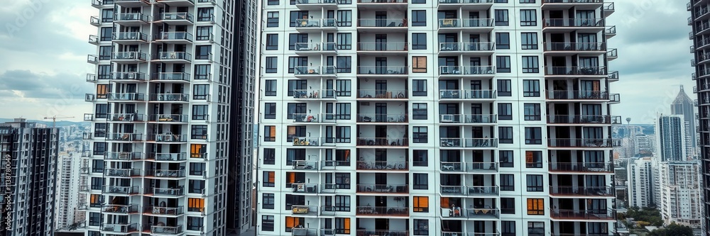 Modern apartment building with sleek design and floor plan blueprints, facade, housing Modern apartment building with sleek design and floor plan blueprints, facade, housing