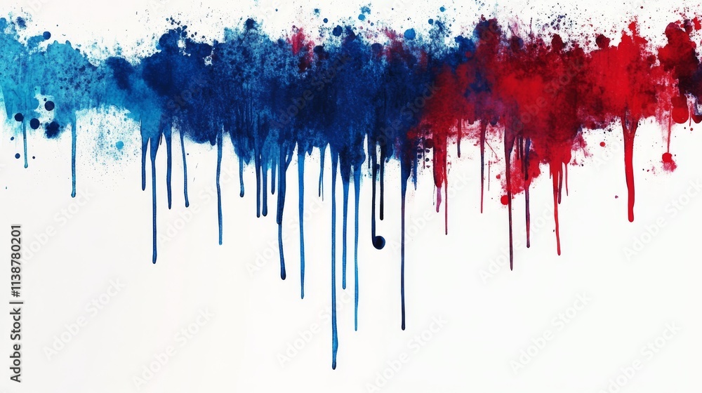 Fototapeta premium Bright watercolor blue-red stain drips. Abstract illustration on a white background. Banner for text, grunge element for decoration