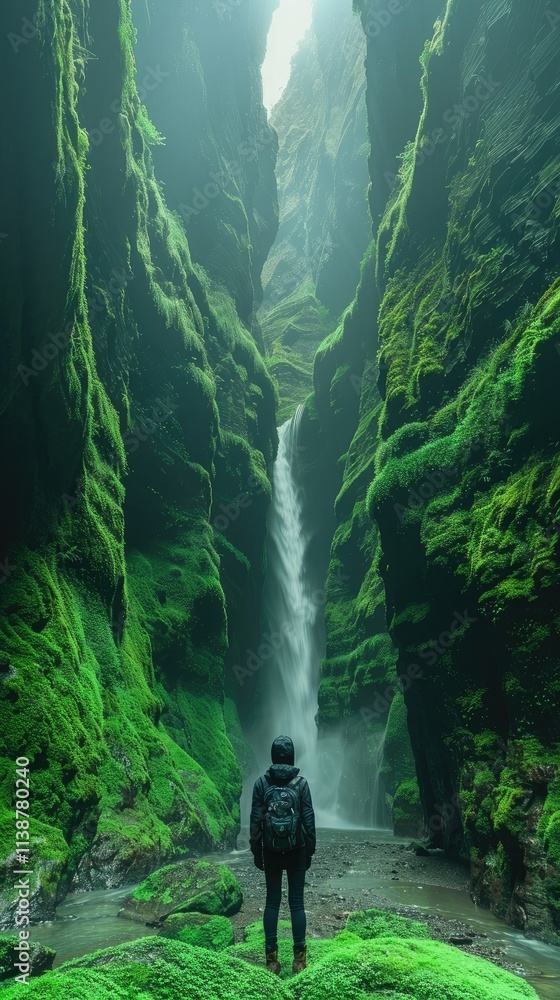 Obraz premium A person stands in a lush green canyon with a waterfall, surrounded by towering cliffs.
