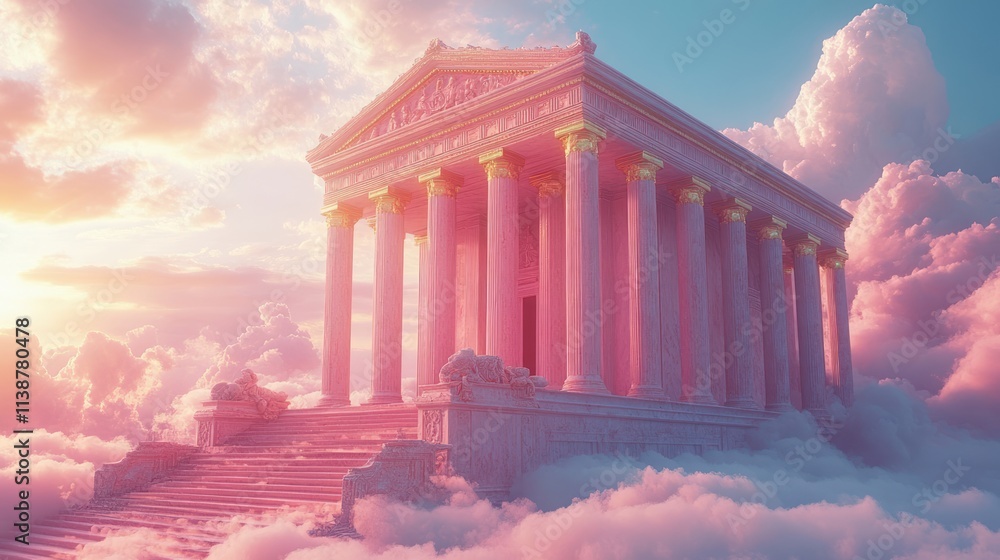 Obraz premium Pink temple floating on clouds at sunset.