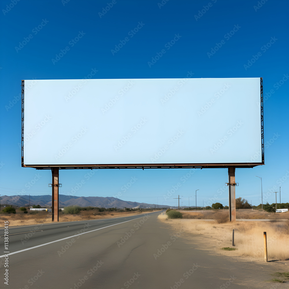 Prominent Blank Billboard Against Clear Blue Sky Above a Busy Road Prominent Blank Billboard Against Clear Blue Sky Above a Busy Road