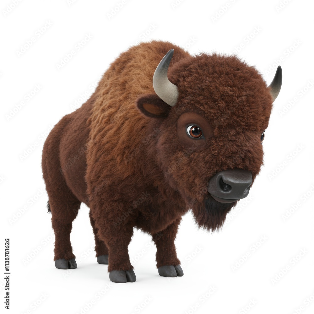 Fototapeta premium The image is a 3D rendering of a cute bison on a white background