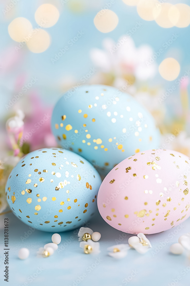 Fototapeta premium Delicate pastel eggs with golden accents sit among spring blooms, radiating joy in a cheerful, softly lit atmosphere