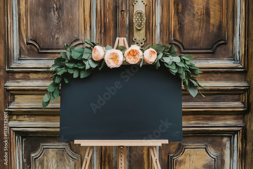 Vintage Wooden Door with Chalkboard Adorned by Peach Roses