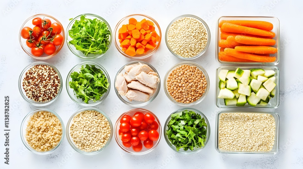 Naklejka premium Colorful overhead view of fresh meal prep ingredients arranged on a clean white surface
