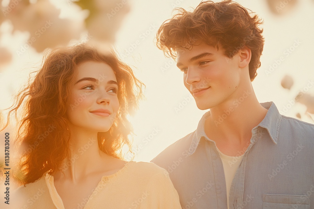 Young Couple Enjoying a Romantic Walk in Sunlit Blossoms, Smiling Together Young Couple Enjoying a Romantic Walk in Sunlit Blossoms, Smiling Together