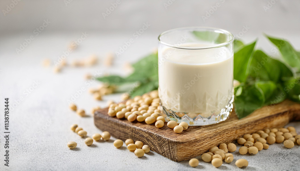 Glass of creamy soy milk and soybeans on wooden board. Tasty natural drink. Organic beverage. Glass of creamy soy milk and soybeans on wooden board. Tasty natural drink. Organic beverage.