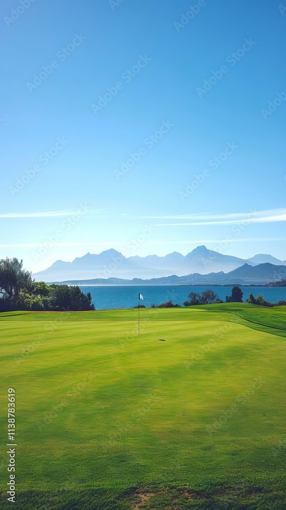 Fototapeta premium Scenic View of an Empty Golf Course with Pristine Green Overlooking a Serene Ocean and Mountain Ranges. Vertical