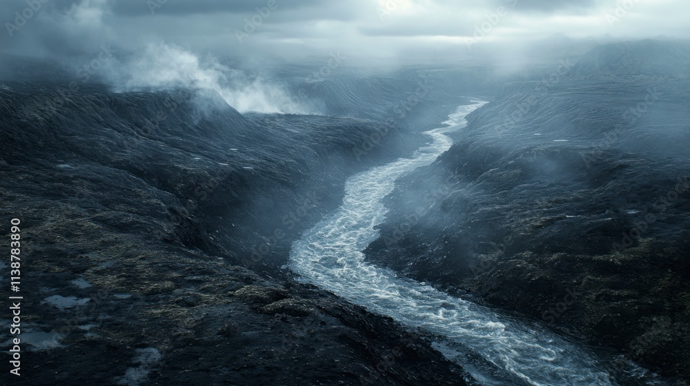 Mystical River Carving Through Volcanic Landscape - Dark, Moody Scene Mystical River Carving Through Volcanic Landscape - Dark, Moody Scene