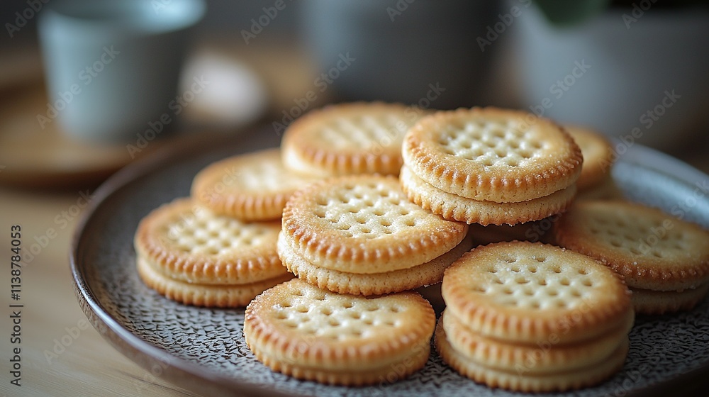 A platter of crackers rests on the table, near a cup of coffee and another cup of coffee A platter of crackers rests on the table, near a cup of coffee and another cup of coffee