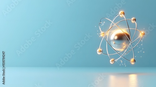 Realistic depiction of a metallic atom surrounded by orbiting electrons in a serene blue background