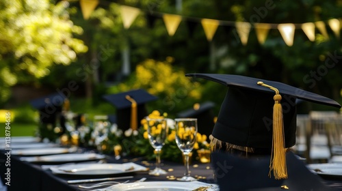 Outdoor graduation celebration table setting.