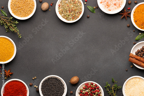 Bright set of aromatic organic spices and herbs such as smoked paprica, peppercorn, thyme, bay leaf, curry, dry garlic and others on black stone background top view. Copy space for your design.