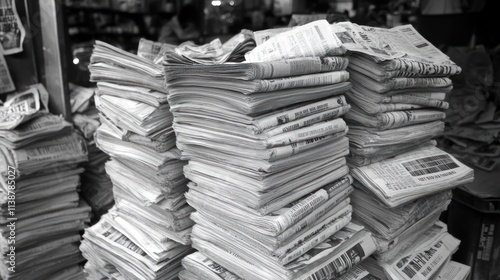 Stacked newspapers and magazines for recycling.