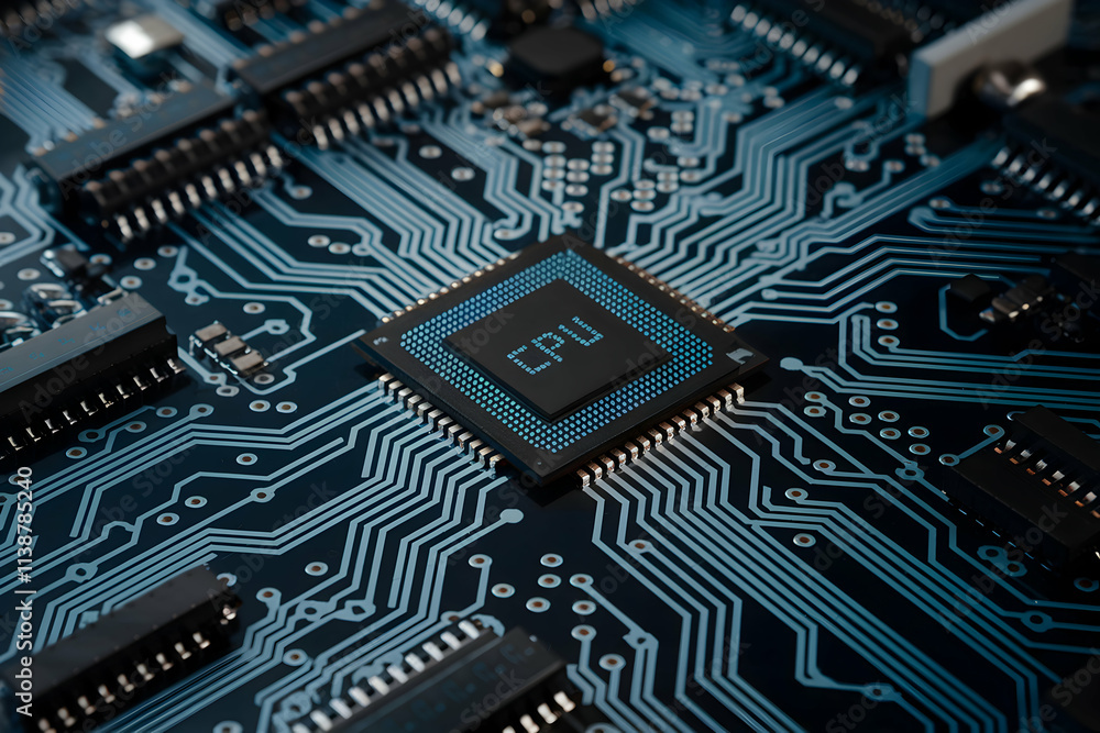 Circuit Board Closeup Showcasing CPU and Intricate Blue Patterns Circuit Board Closeup Showcasing CPU and Intricate Blue Patterns