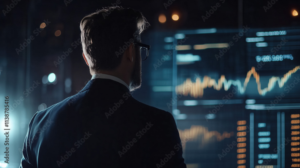 Business Leader Holding a Digital Projection of a Financial Chart, Illustrating Increased Interest Rates, Dividend Gains, and Growth in the Banking Sector Business Leader Holding a Digital Projection of a Financial Chart, Illustrating Increased Interest Rates, Dividend Gains, and Growth in the Banking Sector