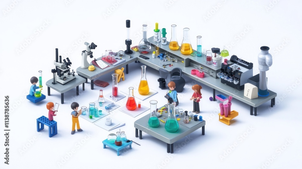Miniature figures in toy lab setting with beakers, microscope. Miniature figures in toy lab setting with beakers, microscope.