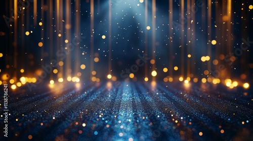 Dark blue stage with golden spotlight lines and glitter texture for award ceremony design. Realistic 3d abstract premium elegant glamour background template for anniversary or winner rewarding.