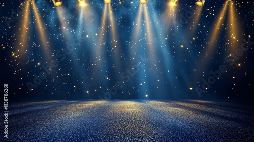 Dark blue stage with golden spotlight lines and glitter texture for award ceremony design. Realistic 3d abstract premium elegant glamour background template for anniversary or winner rewarding.