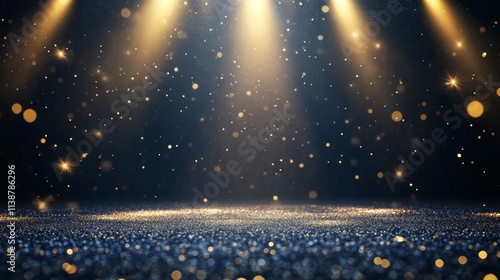 Dark blue stage with golden spotlight lines and glitter texture for award ceremony design. Realistic 3d abstract premium elegant glamour background template for anniversary or winner rewarding.