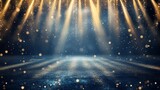 Dark blue stage with golden spotlight lines and glitter texture for award ceremony design. Realistic 3d abstract premium elegant glamour background template for anniversary or winner rewarding.