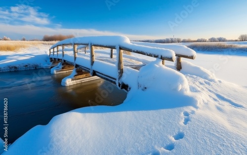 A Winter's Daydream: Snowy Wooden Bridge Over Frozen Water