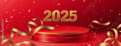 Happy New Year 2025. Festive red banner of bright color with a stylized golden inscription, stars and red spruce branches. Website header banner
red podium photo