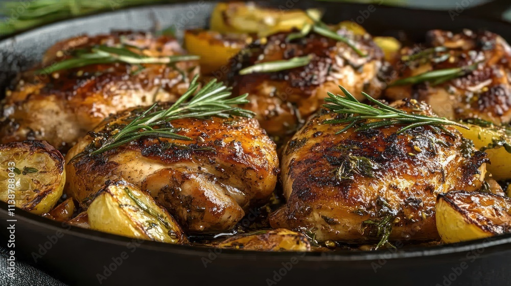Roasted chicken thighs with lemon and rosemary in cast iron skillet. Roasted chicken thighs with lemon and rosemary in cast iron skillet.
