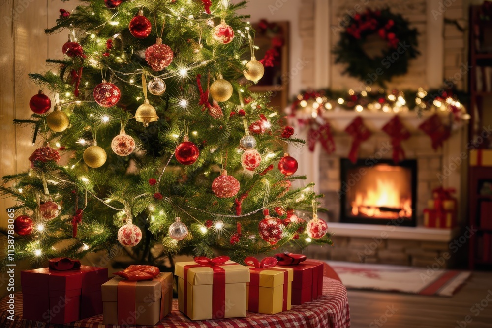 A beautifully decorated Christmas tree in the corner of a festive living room adorned with an array of red and gold ornaments Christmas gifts A beautifully decorated Christmas tree in the corner of a festive living room adorned with an array of red and gold ornaments Christmas gifts