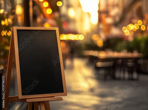 An empty black chalkboard on a blurred background of a street with cafes and shops. A board for design, advertising, ads on an urban background.
 photo