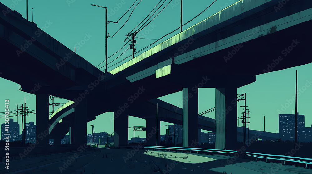 Shadowy depths of an industrial highway overpass its cavernous structure casting an ominous atmosphere and revealing ambiguous shapes and whispers a moody. Cavernous. Illustration Shadowy depths of an industrial highway overpass its cavernous structure casting an ominous atmosphere and revealing ambiguous shapes and whispers a moody. Cavernous. Illustration
