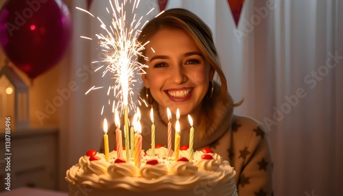 woman in festive cake with sparky candles celebration photo