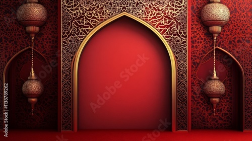 Ornate archway with lanterns and red design.
