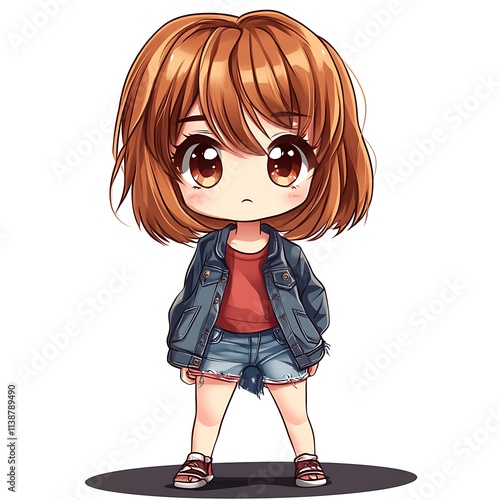 Cute chibi anime girl in casual outfit.  Kawaii fashion illustration. photo