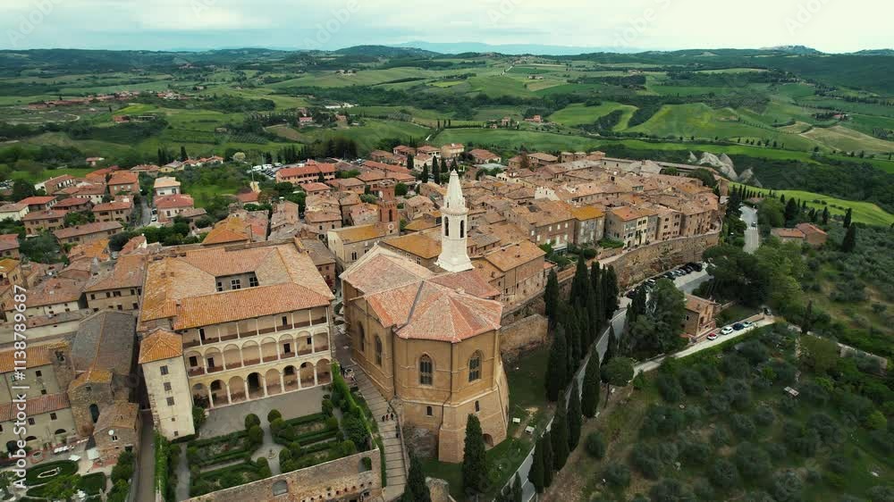 Aerial view above Tuscany countryside and Pienza town. Aerial view above Tuscany countryside and Pienza town.