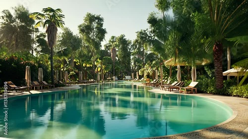 Tranquil resort pool surrounded by lush greenery in a sunlit tropical environment