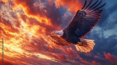 Realistic, high-definition Bald Eagle in mid-flight with a large waving U.S. flag, vibrant colors for political event themes, vertical composition photo