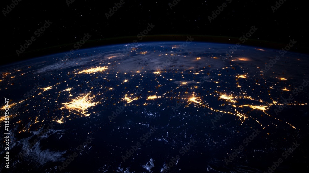 Fototapeta premium Night planet earth from space with light lines of communication and connection. Business and finance, concept. Global communications system and the World Wide Web. Technologies and communications.