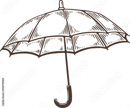 Open umbrella parasol rain sun protect engraving hand drawn illustration black white isolated vintage line art sketch silhouette graphic style poster label web